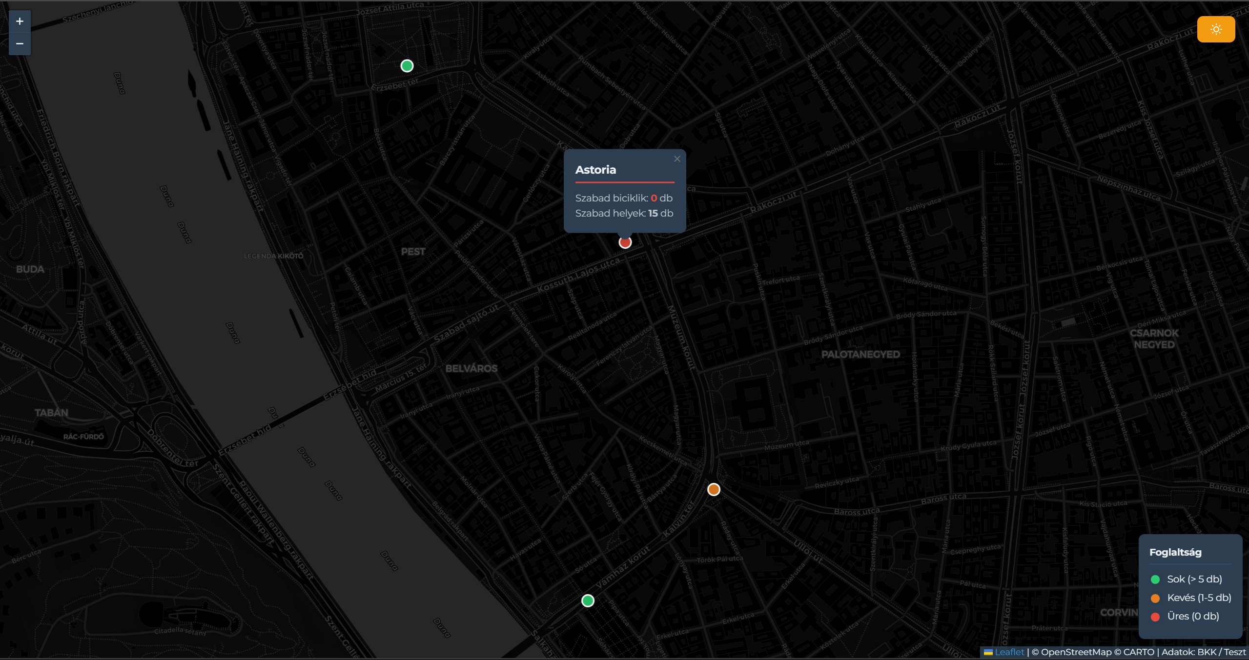 MOL Bubi Live Map &mdash; dark map of Budapest with colour-coded bike-station markers