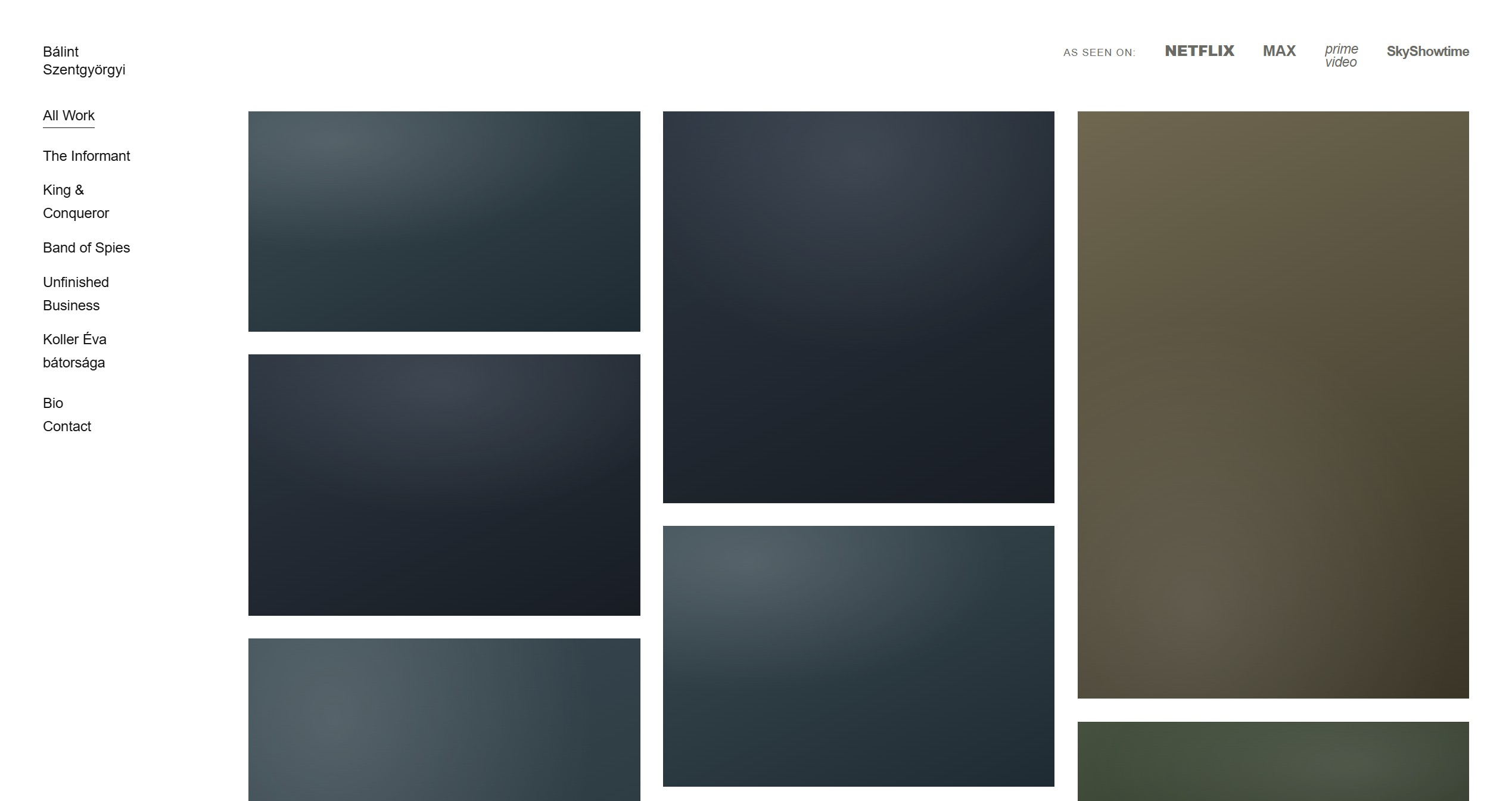 Film director B&aacute;lint Szentgy&ouml;rgyi's portfolio site &mdash; a clean, type-led work index