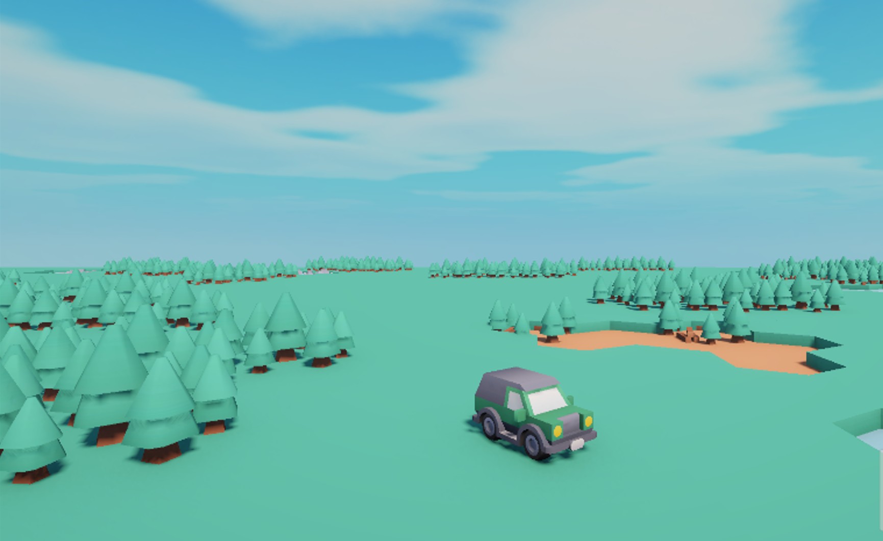 Safari Tycoon &mdash; a low-poly 3D wildlife-park game with a car driving past pine trees